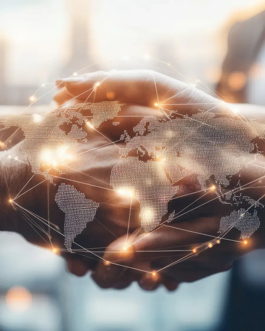 Two people shaking hands behind a glowing globe of connected trade routes